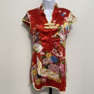 Women's Oriental Asian Floral Crane Red Kimono Top M Lunar New Year